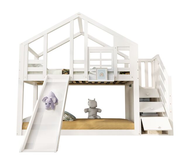 Cama infantil 90x200 cm - tipo casinha com escorregador e grade de segurança - branco
