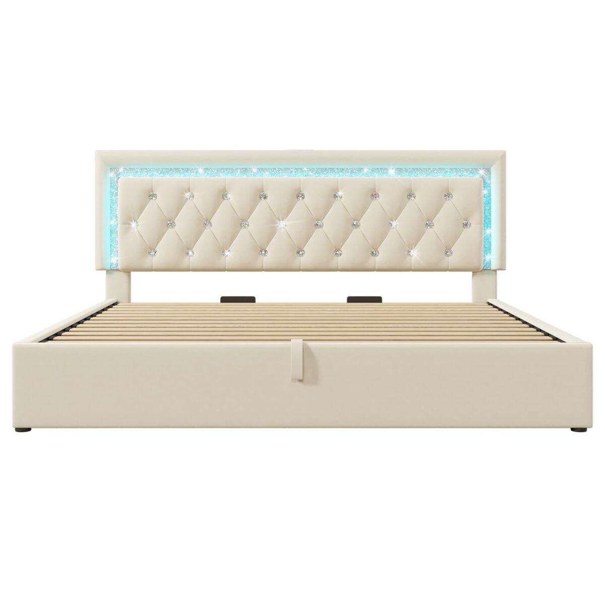 Cama estofada 180x200 cm - led diamante, usb/type-c, hidráulica, moderna - bege