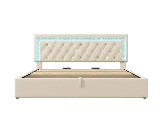 Cama estofada 180x200 cm - led diamante, usb/type-c, hidráulica, moderna - bege