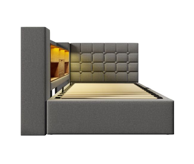 Cama individual 90x200 – led, armazenamento hidráulico, cabeceira em l com prateleiras – cinza