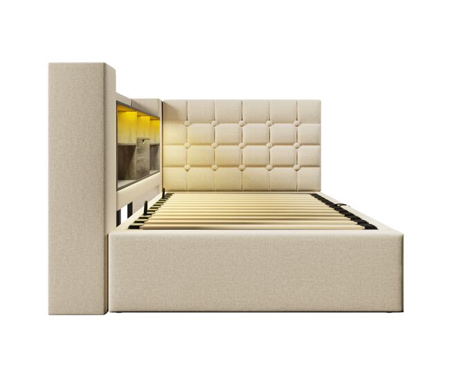 Cama individual 90x200 - led, armazenamento hidráulico, cabeceira em l, montagem reversível - bege