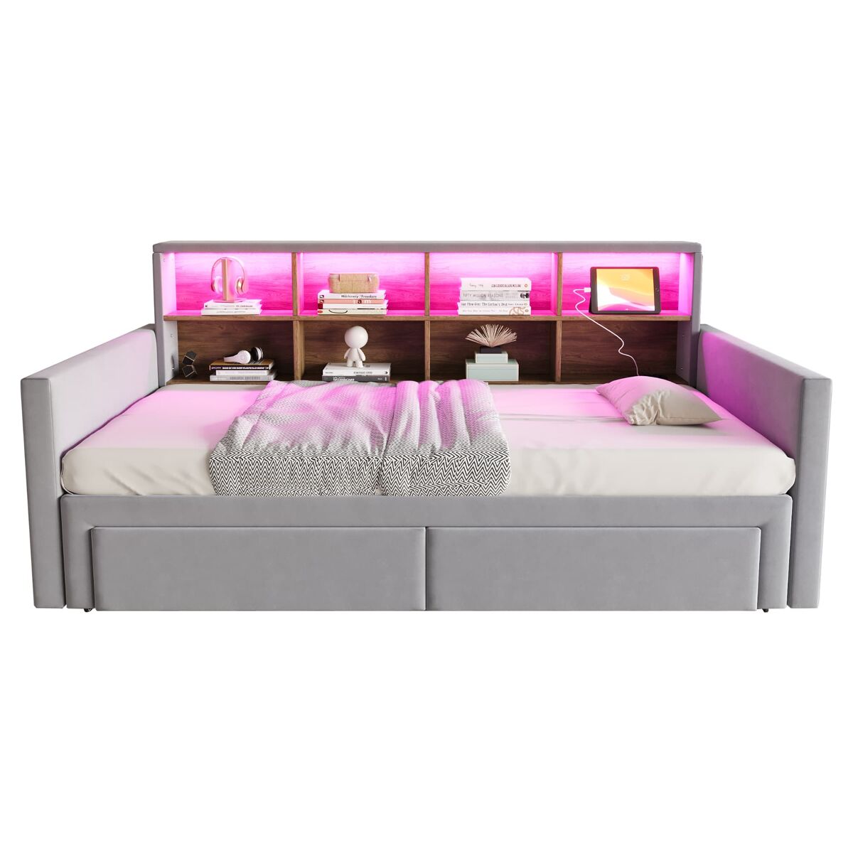 Sofá-cama extensível 90/180x190 cm - cabeceira com arrumação, led e tomadas, 2 gavetas - cinza claro