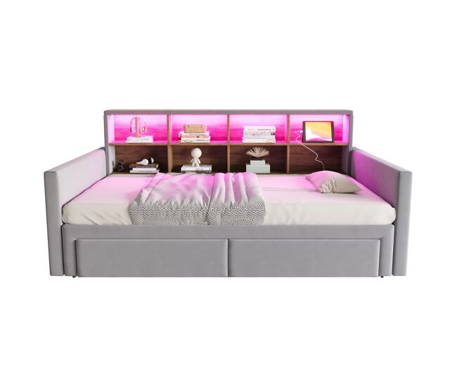 Sofá-cama extensível 90/180x190 cm - cabeceira com arrumação, led e tomadas, 2 gavetas - cinza claro