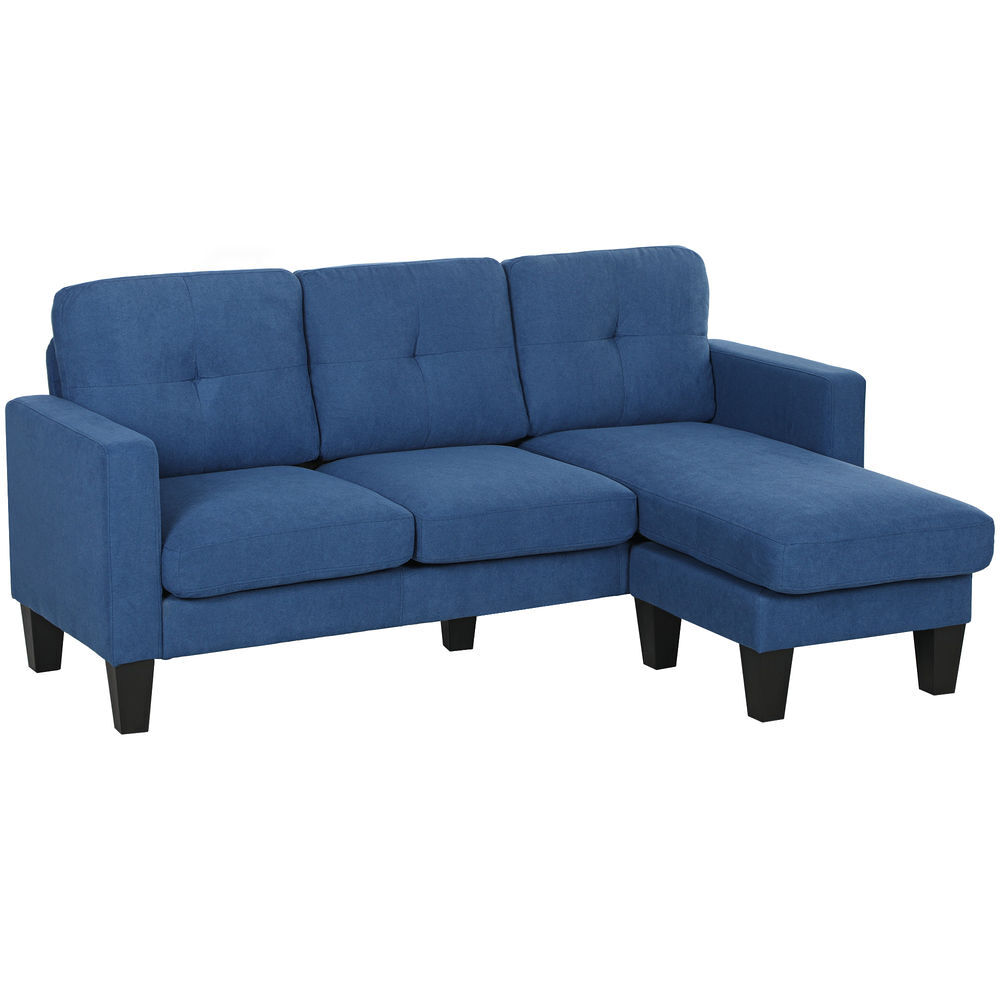 Homcom sofá chaise longue sofá em forma de l estofado em poliéster sofá de canto reversível com 3 almofadas e pés de madeira para sala de estar carga máxima 180 kg 186x130x84 cm bleu escuro