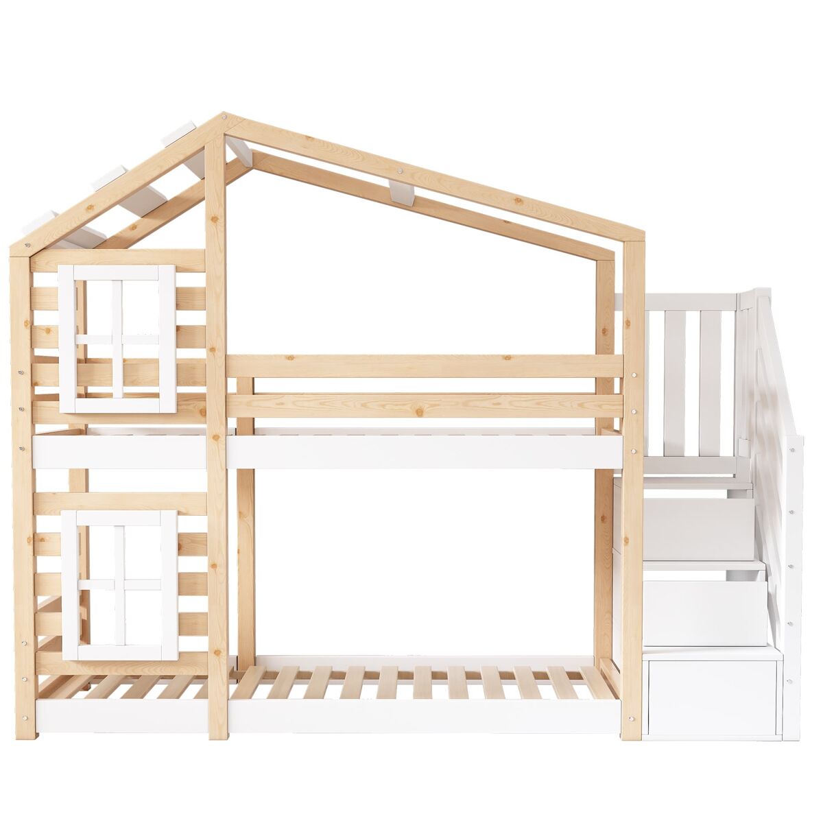 Cama infantil 90x200 cm - estilo casinha, com arrumação e grade de segurança - natural e branco