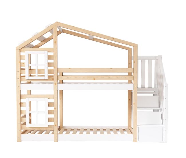Cama infantil 90x200 cm - estilo casinha, com arrumação e grade de segurança - natural e branco