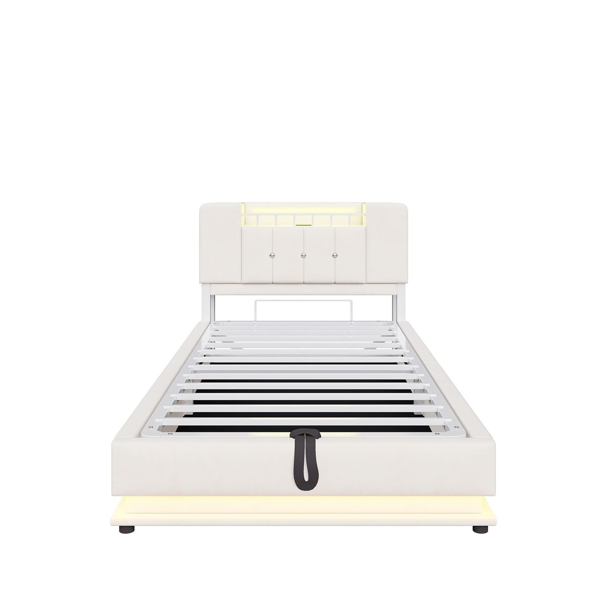 Cama juvenil 90x200 cm - com iluminação led, porta usb, armazenamento hidráulico, estofamento de veludo, estrutura metálica - bege