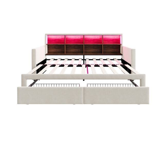 Sofá-cama extensível 90/180x190 cm - cabeceira com arrumação, led, 2 gavetas, ripas, bege