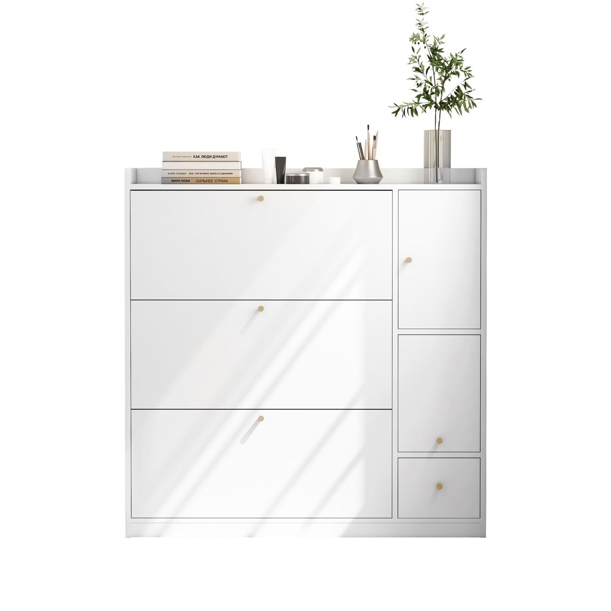 Sapateira inclinável 119x24x122 cm - 3 compartimentos, banco rebatível, branco