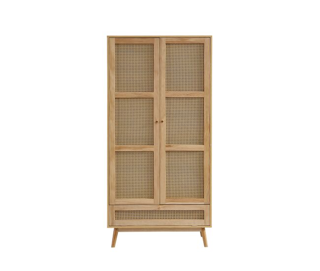 Armário com barra e 2 portas - com tampa inferior rebatível, design em vime - cor natural