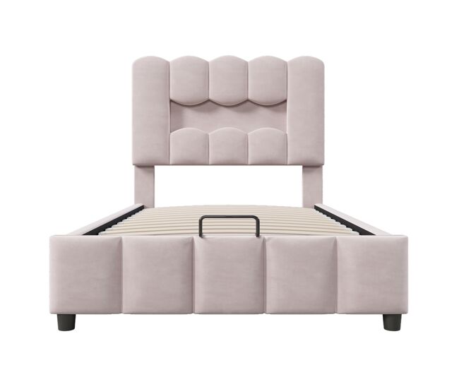 Cama estofada 90x200 cm - sem colchão, led, hidráulica, cabeceira ajustável, veludo, rosa