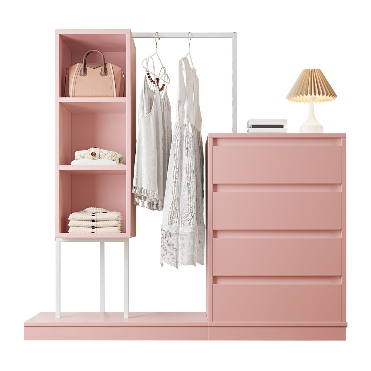 Armário com gavetas 140x40x135 cm - com barra para roupa, estilo aparador - rosa