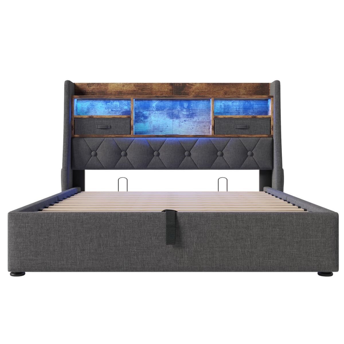 Cama hidráulica 160x200 cm - com arrumação, cabeceira led, 4 portas usb/type-c, cinzenta