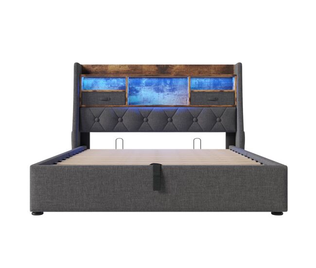 Cama hidráulica 160x200 cm - com arrumação, cabeceira led, 4 portas usb/type-c, cinzenta