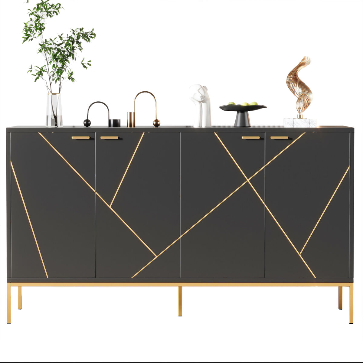 Aparador 150x40x80 cm - com 4 portas, pés metálicos, design reto com decoração de linhas metálicas - preto+dourado