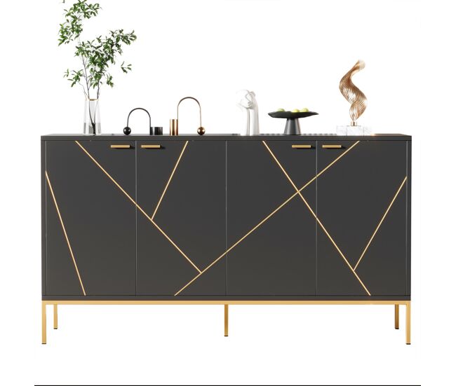 Aparador 150x40x80 cm - com 4 portas, pés metálicos, design reto com decoração de linhas metálicas - preto+dourado