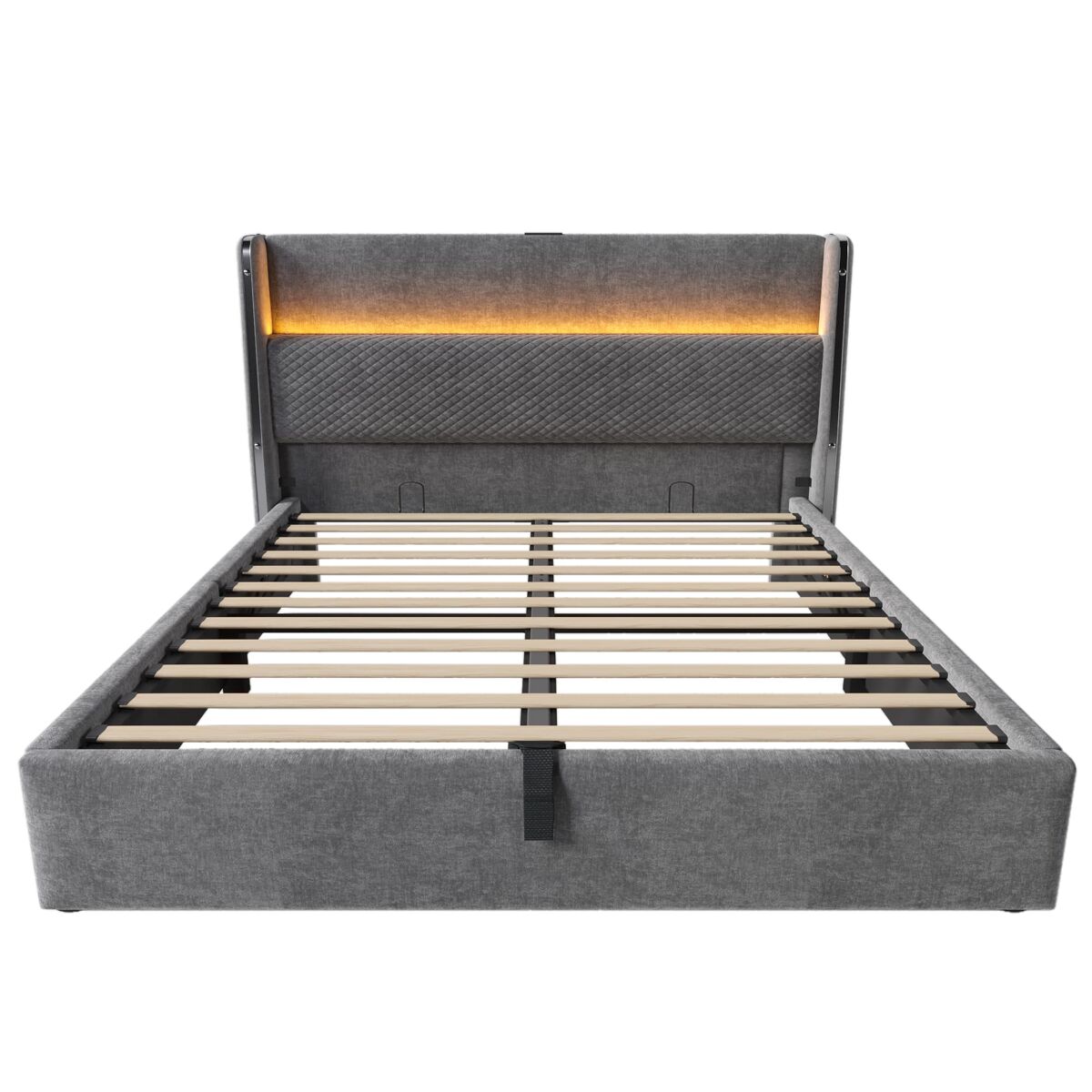 Cama hidráulica 140x200 cm - com led, armazenamento, portas usb/type-c - cinza