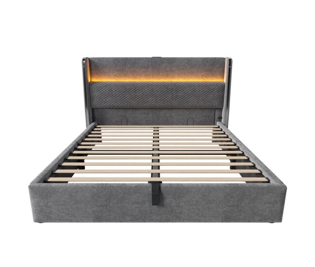 Cama hidráulica 140x200 cm - com led, armazenamento, portas usb/type-c - cinza