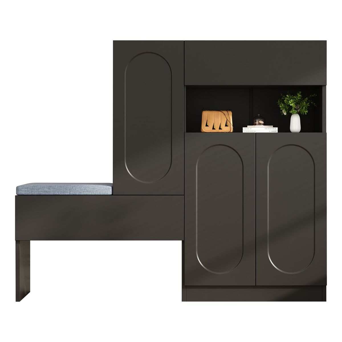 Sapateira 130x35x110 cm - 2 em 1, portas curvas, com sistema soft-close, prateleiras ajustáveis e banco acolchoado - preto