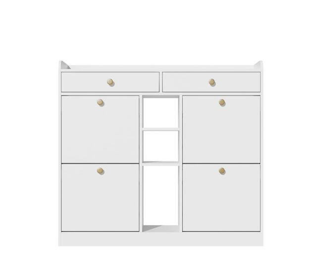 Armário para sapatos branco 110x26x100 cm - 4 portas, 2 gavetas, 3 compartimentos abertos