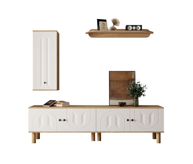Conjunto de parede de 3 peças - painéis de porta esculpidos, branco e madeira