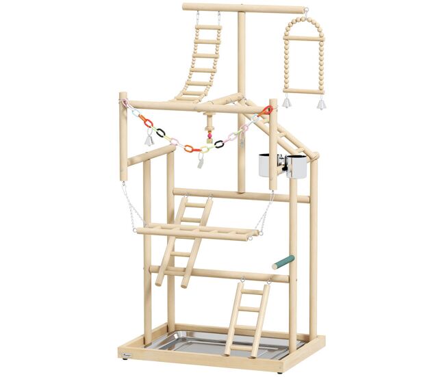 Pawhut parque de jogos para pássaros suporte de madeira para pássaros com escadas baloiço brinquedo de corrente bandeja comedouros para periquitos