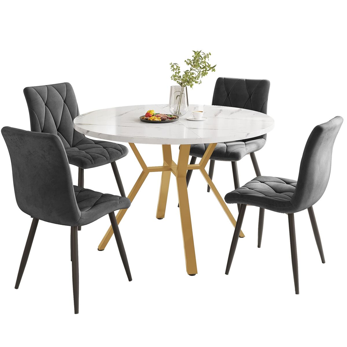 Conjunto de mesa e cadeiras de 5 peças - mesa redonda de mármore, pernas metálicas douradas + 4 cadeiras ergonómicas de veludo cinza