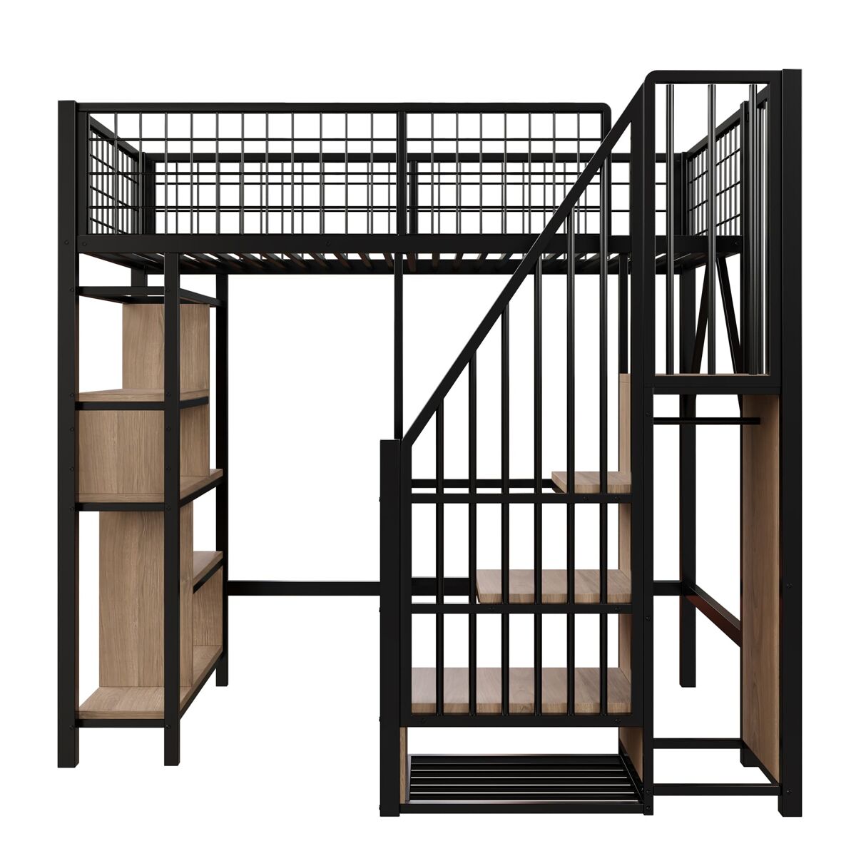 Cama alta multifuncional 90x200 cm - com arrumação, prateleiras e escada - preto