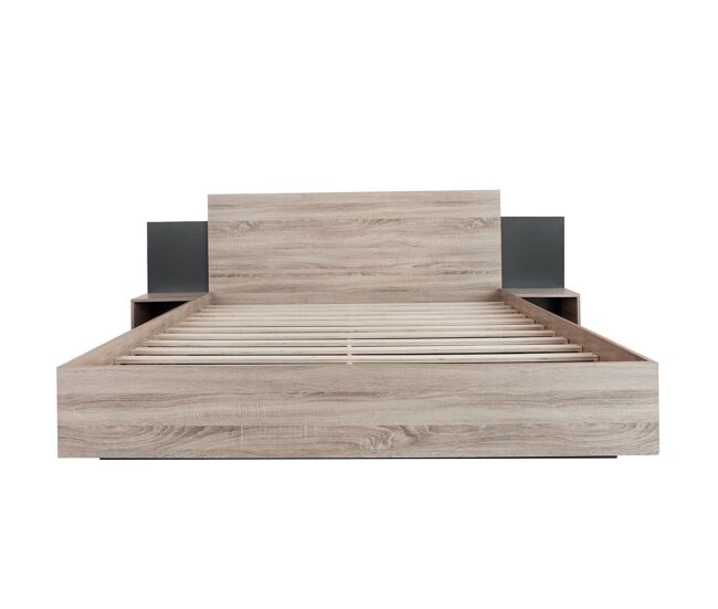 Cama de casal 160x200 cm - com 2 mesas de cabeceira, estrutura em madeira, cor carvalho sonoma/cinza escuro