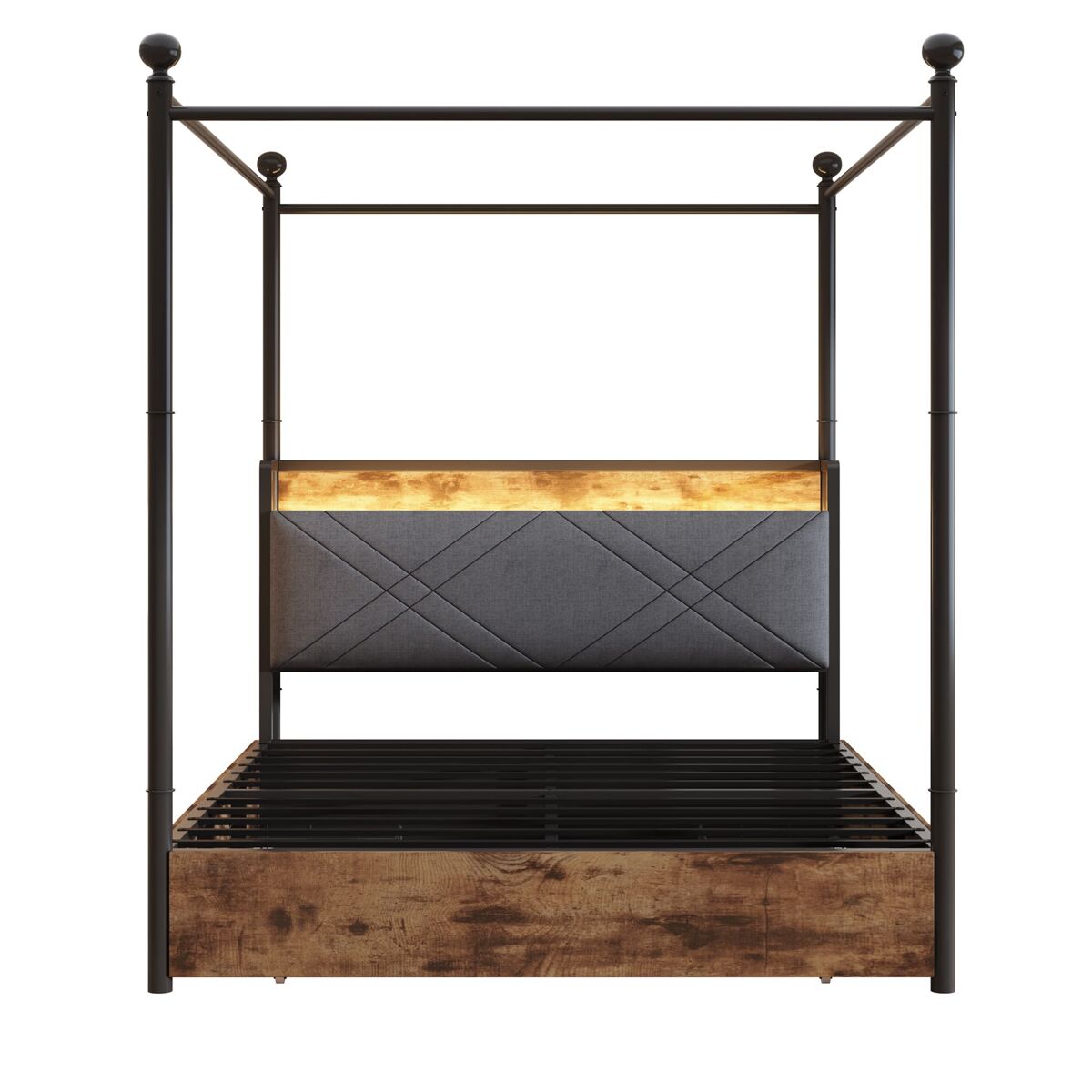 Cama multifuncional 140x190 - com arrumação, dossel de ferro, led, portas usb/type-c, 3 gavetas - preta