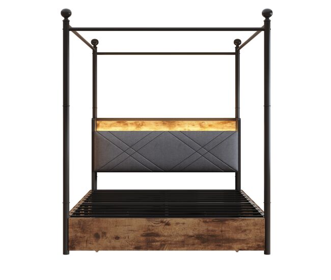 Cama multifuncional 140x190 - com arrumação, dossel de ferro, led, portas usb/type-c, 3 gavetas - preta