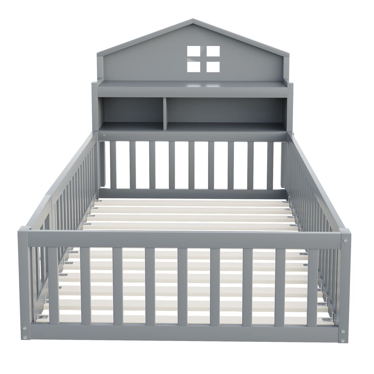 Cama infantil 90x200 - estrutura em madeira maciça, com prateleiras, proteção e grade, cinza