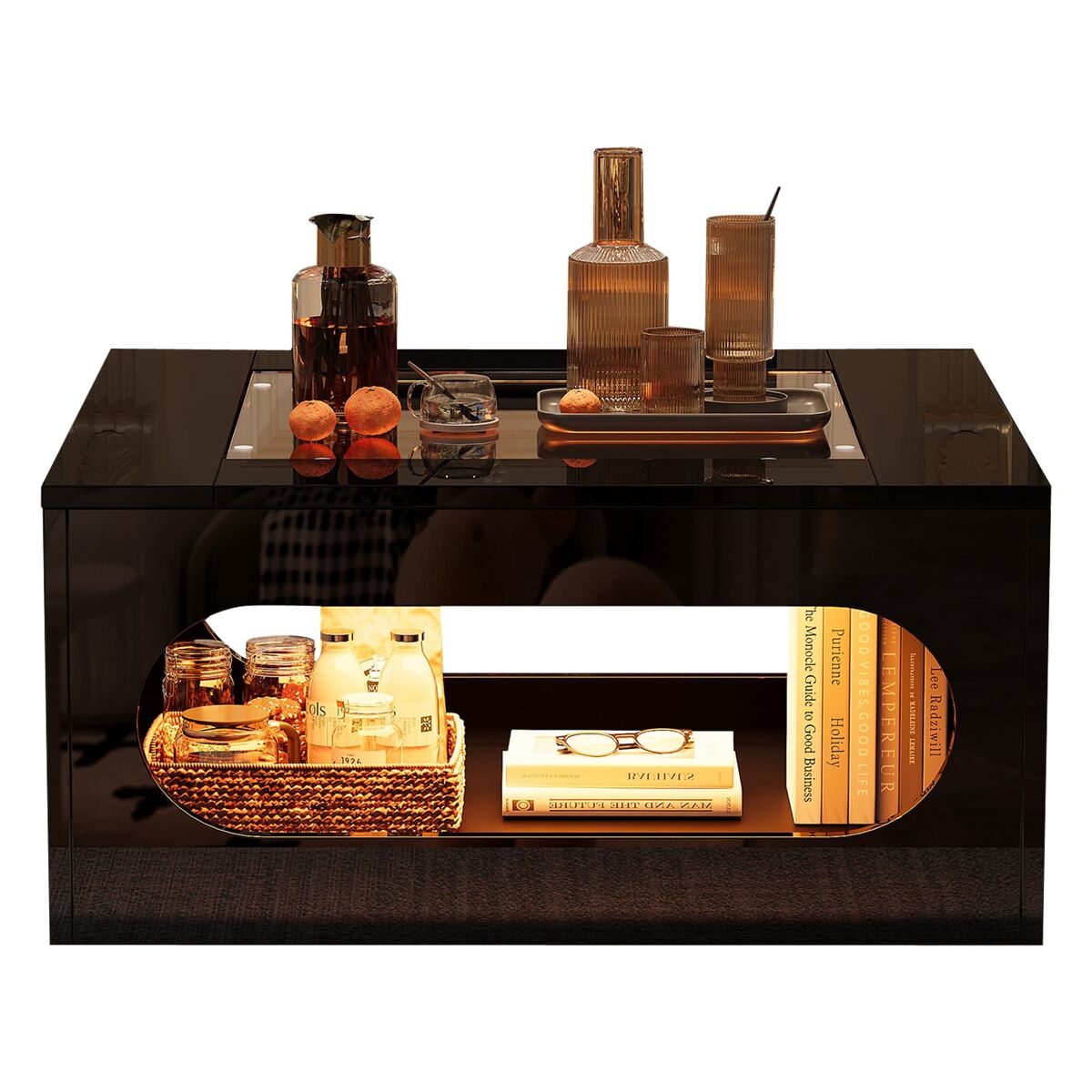 Mesa de centro quadrada 70x70x35 cm - mesa de sala com vidro temperado, led, abertura central - preto