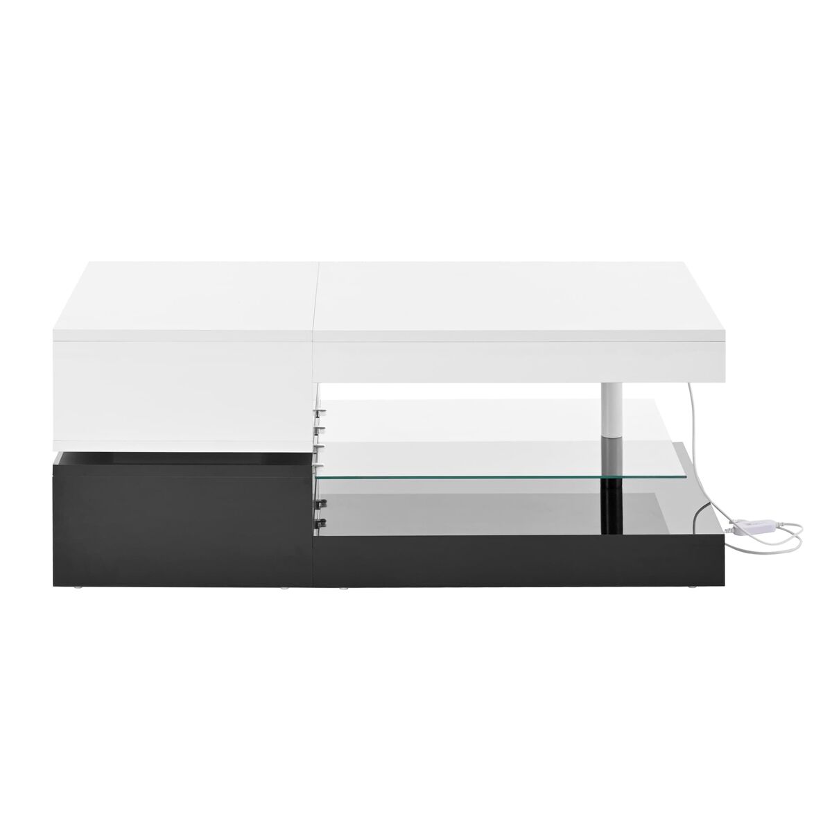 Mesa de centro 90x45x35,5 cm - led, controlo app e bluetooth, prateleira de vidro, design preto e branco
