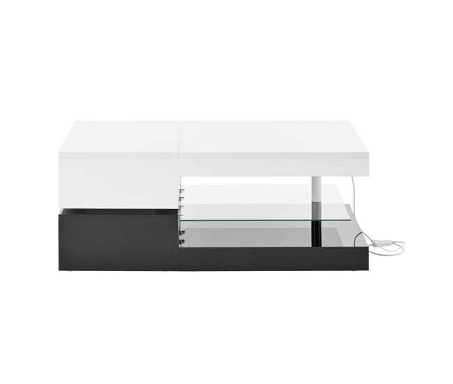 Mesa de centro 90x45x35,5 cm - led, controlo app e bluetooth, prateleira de vidro, design preto e branco