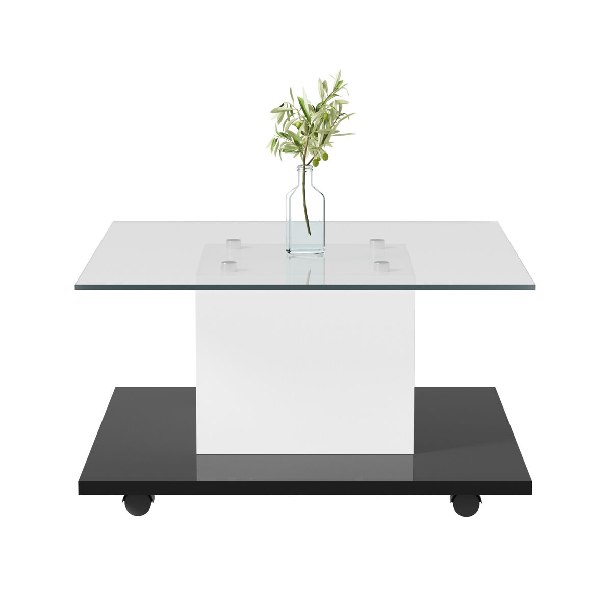 Mesa de centro - mesa de centro em vidro de alto brilho, mesa de centro móvel com rodas giratórias - branco+preto
