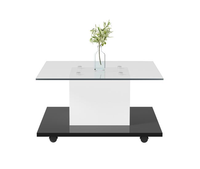 Mesa de centro - mesa de centro em vidro de alto brilho, mesa de centro móvel com rodas giratórias - branco+preto