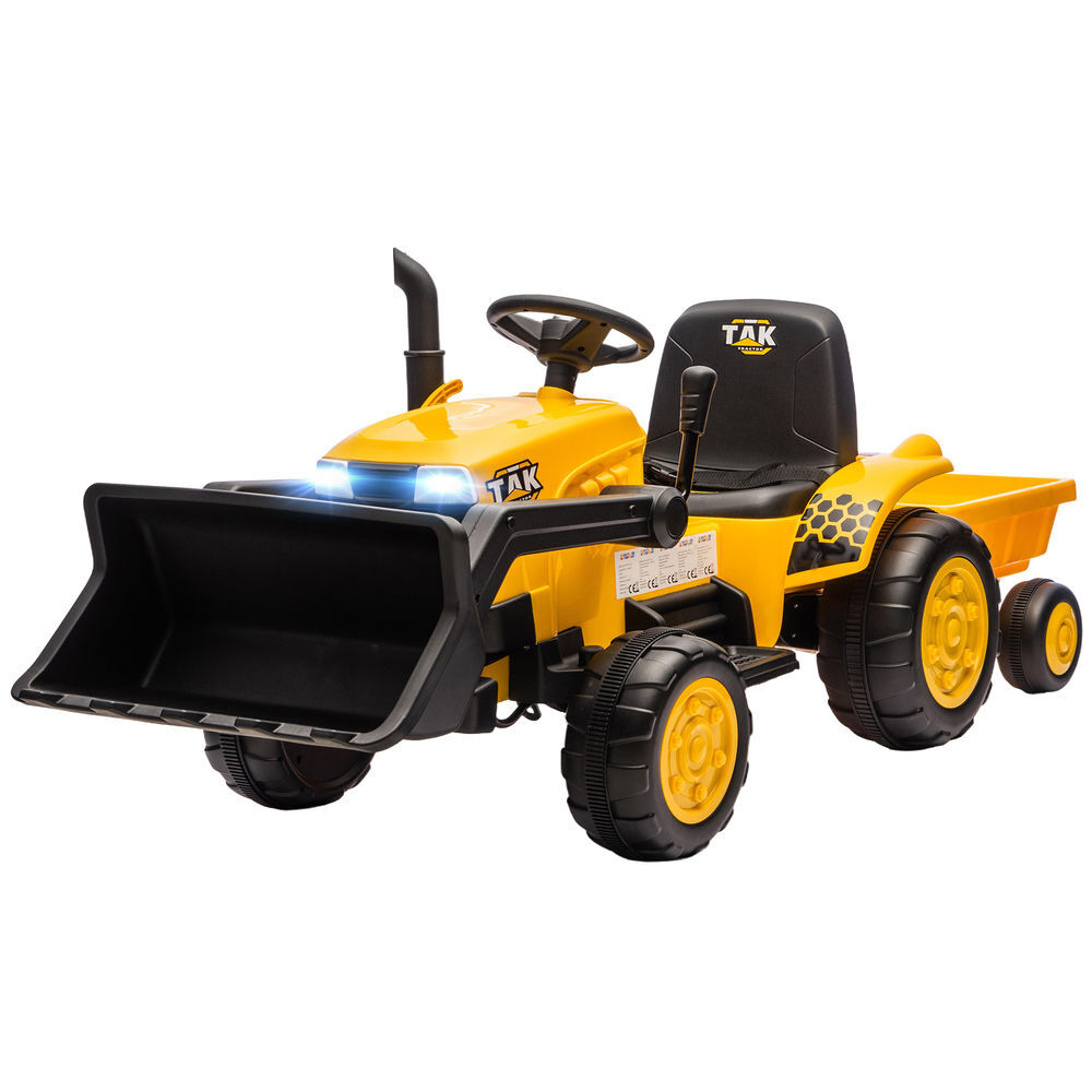 Aiyaplay trator électrique para enfants com reboque e pá bateria de 12v motor duplo controle remoto 2,4g luzes música conexão sans fil usb para enfants dos 3 aos 8 anos 146x58x58,5 cm jaune