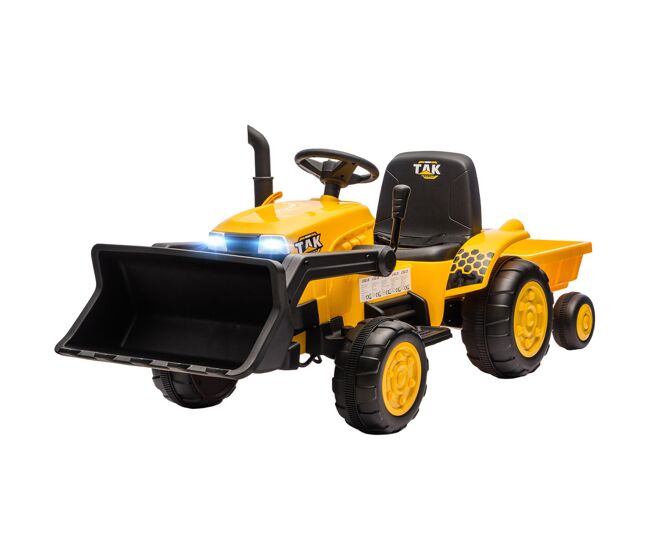 Aiyaplay trator électrique para enfants com reboque e pá bateria de 12v motor duplo controle remoto 2,4g luzes música conexão sans fil usb para enfants dos 3 aos 8 anos 146x58x58,5 cm jaune