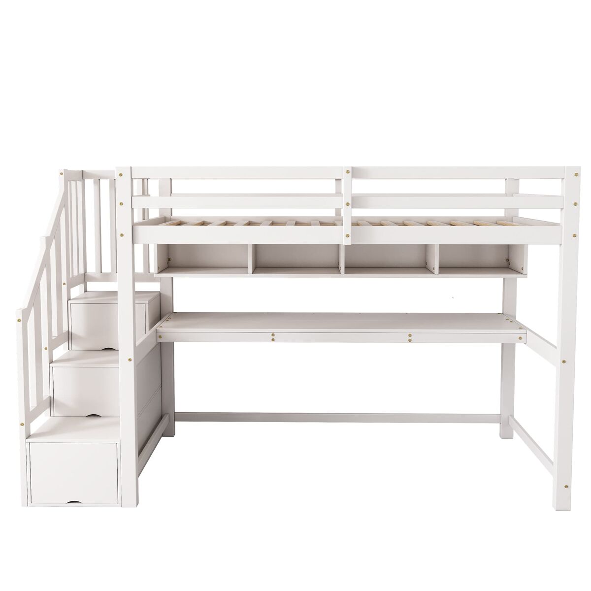 Cama alta infantil 90x200 - com escada e secretária, prateleiras, madeira maciça + mdf - branco