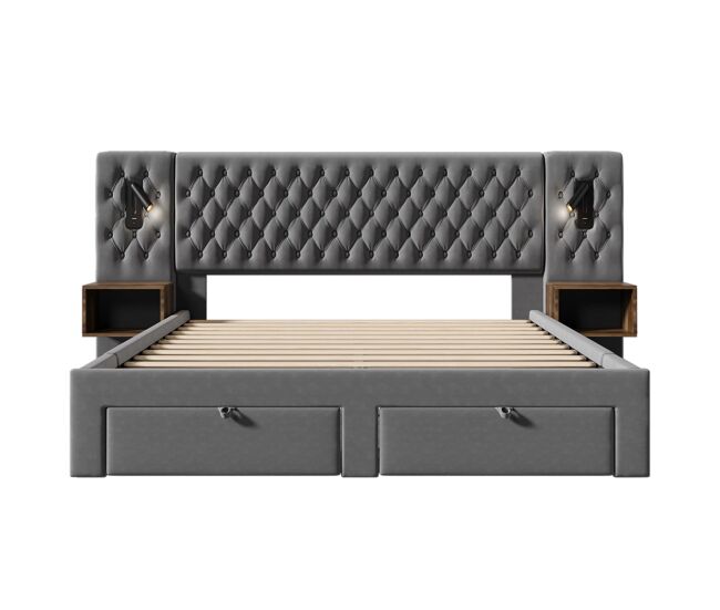 Conjunto de cama 160x200 cm - cabeceira com luz de leitura e carregamento usb, 2 mesas de cabeceira e 4 gavetas - cinza veludo