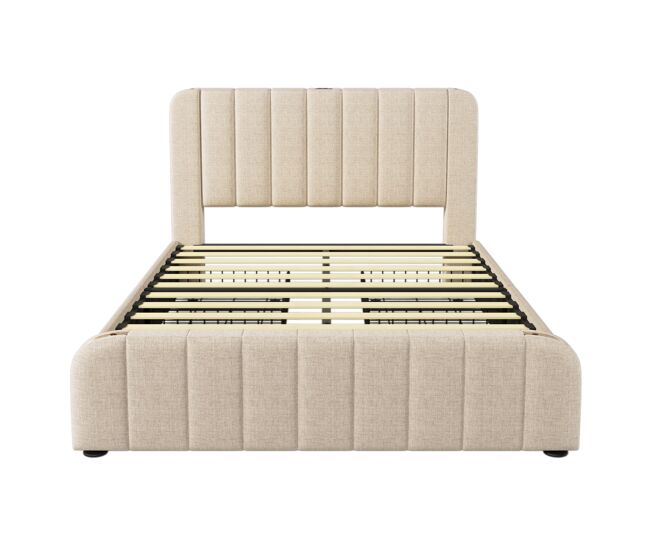 Cama estofada 160x200 cm - cabeceira acolchoada com franjas douradas, função de carregamento usb tipo-c, 4 gavetas - bege
