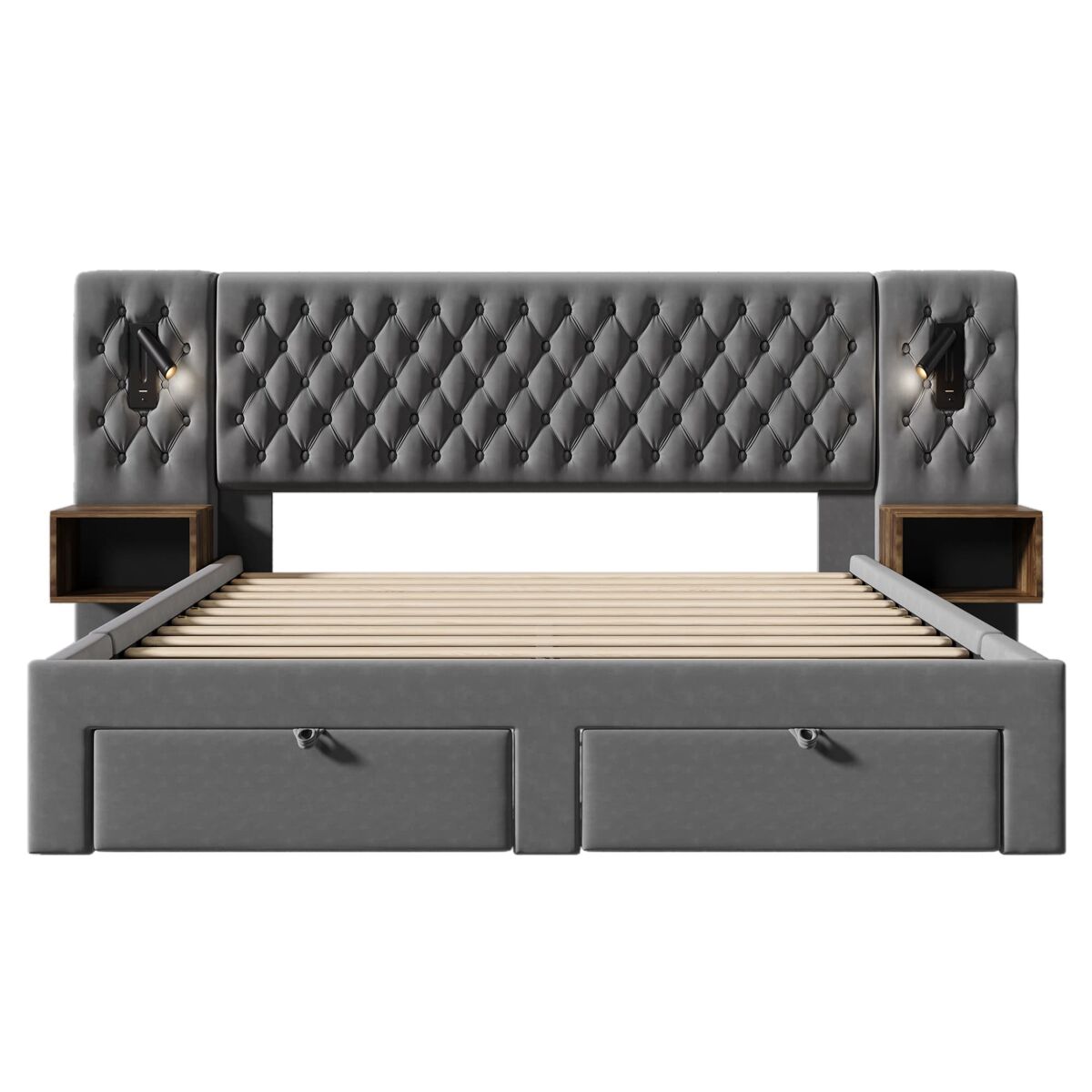 Conjunto completo para quarto 160x200 cm - cama estofada com 2 mesas de cabeceira, 4 gavetas, luz led com porta usb - cinza