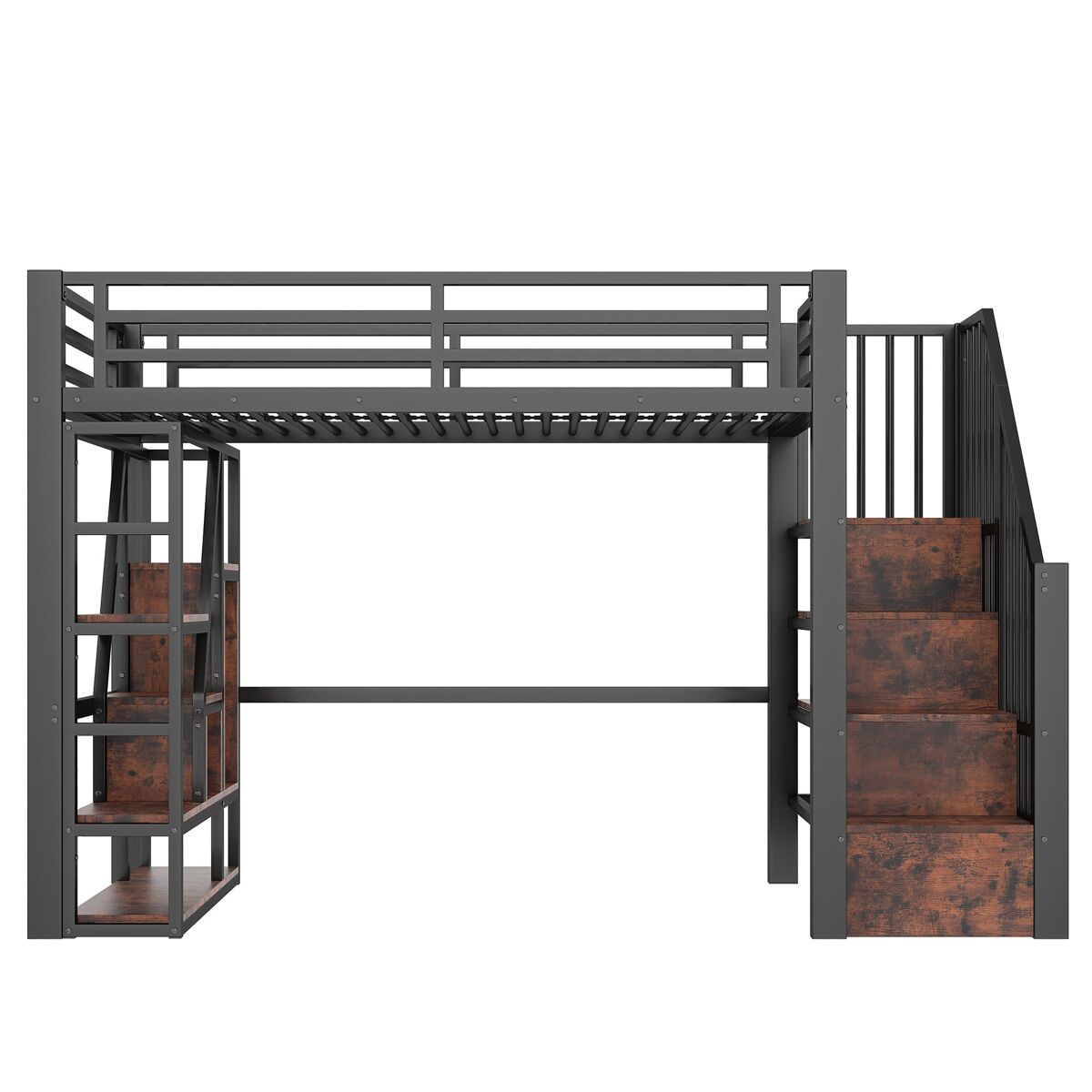 Cama alta 90x200 cm - estrutura em ferro, escada integrada, arrumação, luz led - preto