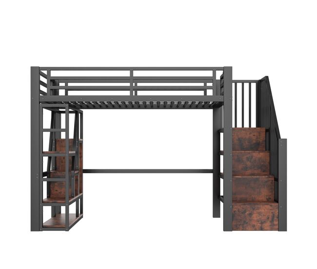 Cama alta 90x200 cm - estrutura em ferro, escada integrada, arrumação, luz led - preto