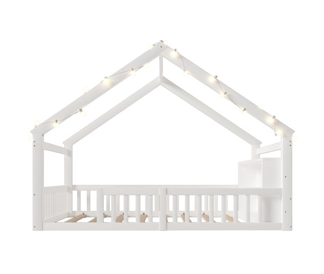 Cama baixa 140x190 cm - berço com grades, estilo minimalista, madeira de pinho, branco