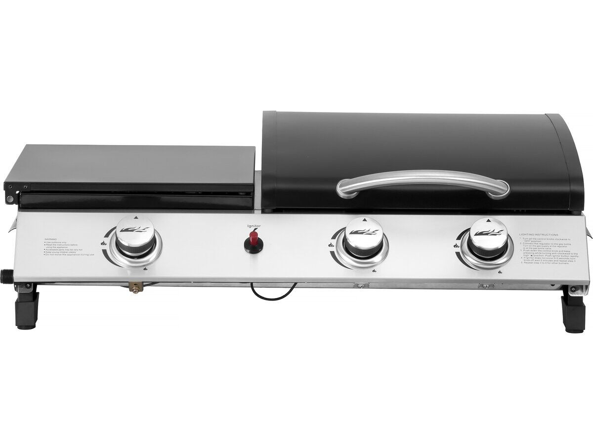Plancha à gaz com tampa "rasio" - 7,5 kw - 3 brûleurs - noir