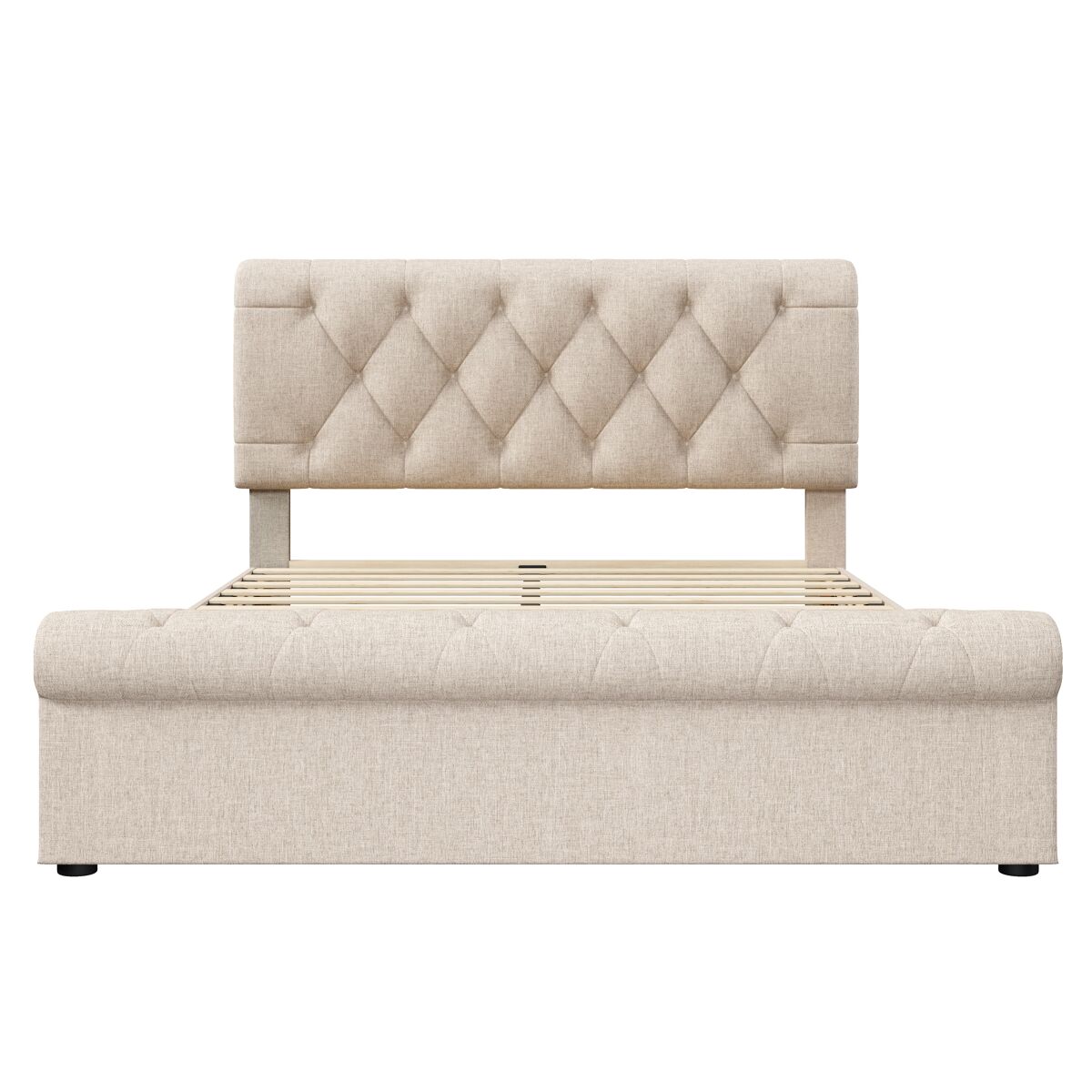 Cama estofada 140x200 cm - estrutura com 4 gavetas e cabeceira ajustável - natural