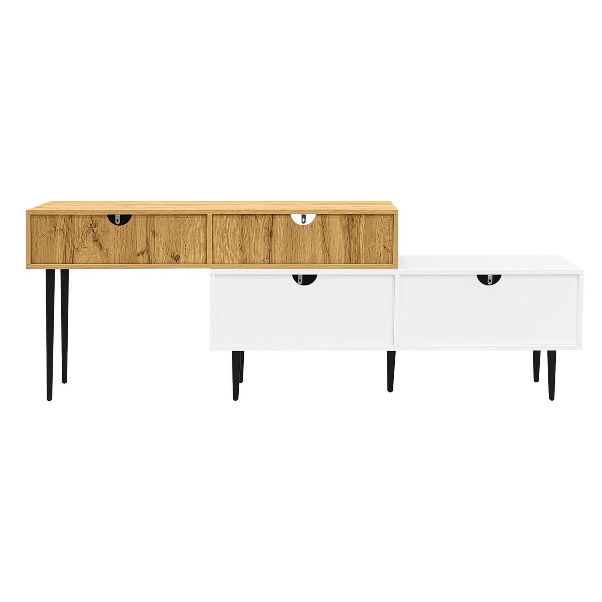 Móvel de tv modular de 2 peças - design ajustável, pés metálicos pretos, madeira e branco mate