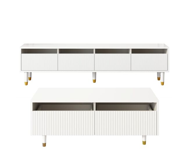 Conjunto de móveis led - estante de tv com 4 portas e mesa de centro com 2 gavetas - branco com design dourado